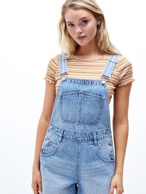 PacSun Eco Light Wash Denim Shortalls Overalls Sz L Boho Vintage INSPO